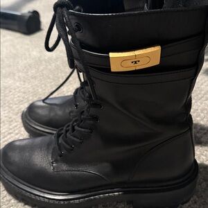 Tory Burch Black Leather Combat Boots with Gold Accent